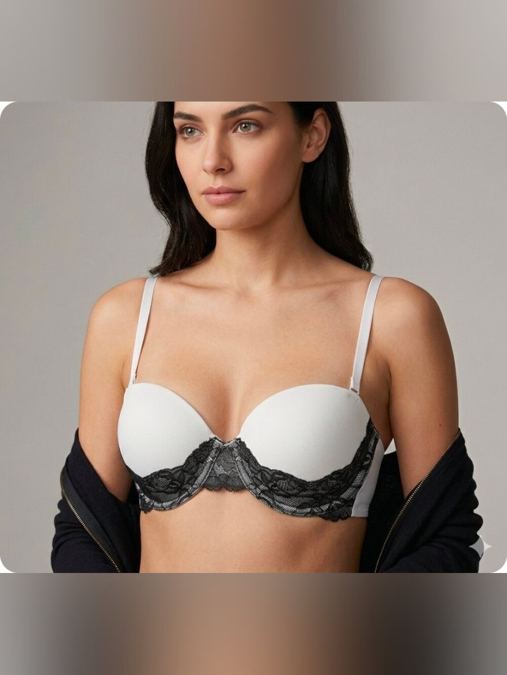 Maidenform Custom Lift White Demi Bra w/ Black Lace Accent 34C